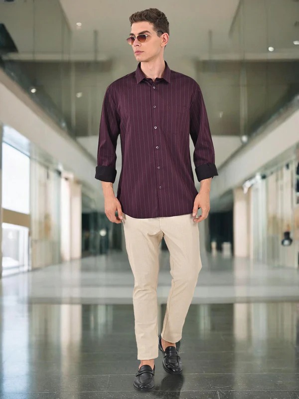 Indian Terrain Men's Regular Fit Full Sleeve Striped Maroon Shirt